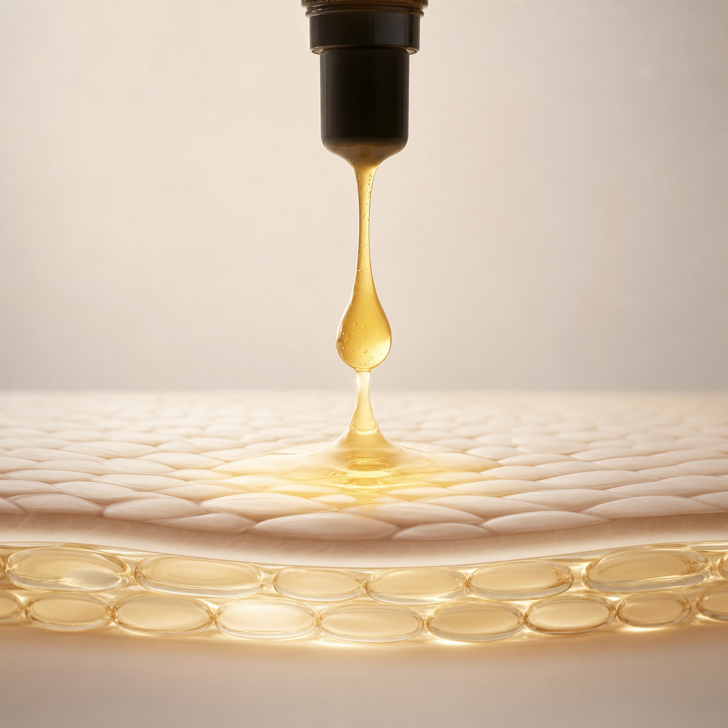 Rosehip serum being dispensed onto the skin's surface