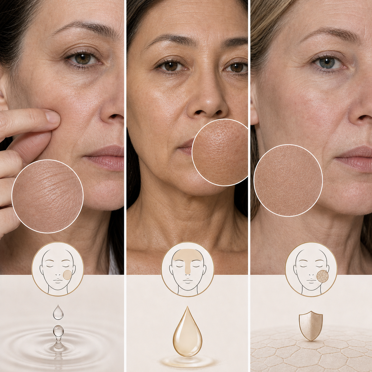 Close-ups of dehydrated, normal and dry skin across three faces